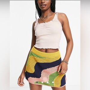 Free People Mila Crochet Mini Skirt Size L Forsythia Combo Cotton Boho